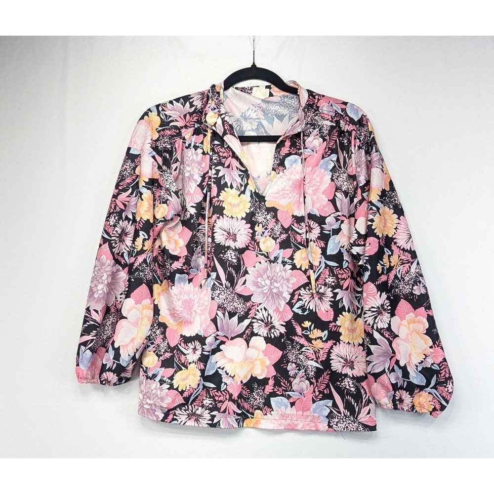 We Two‎ California Floral V-Neck Tie Blouse Pink Black Long Sleeve Sz S